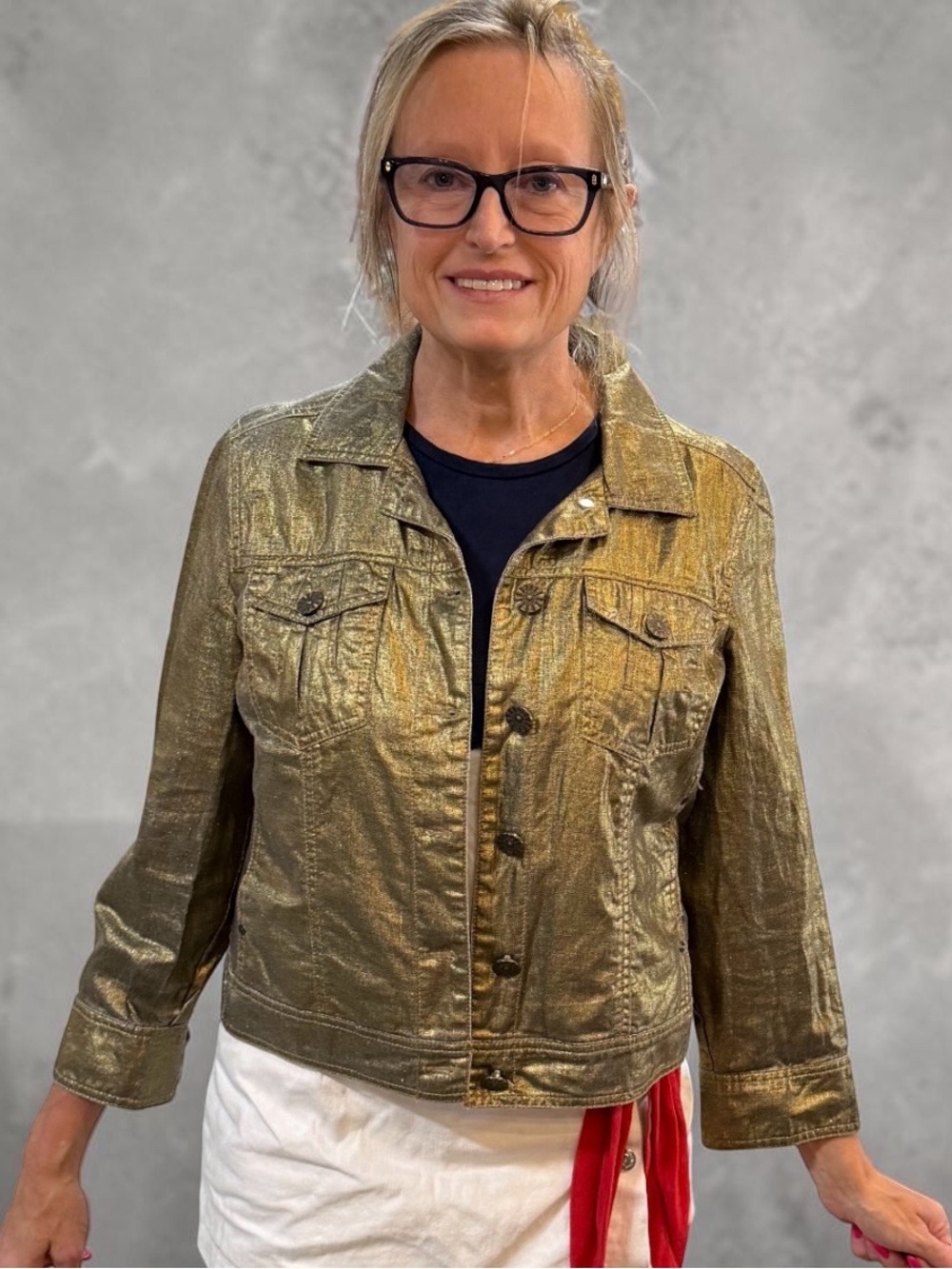 Chico's Metallic Gold Linen Jacket Sz 1